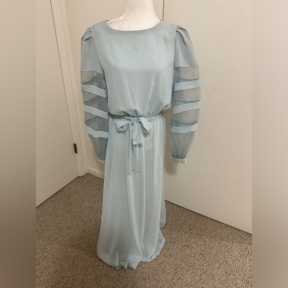 Ursula of Switzerland Vintage Blue Dress/ Belt Long Sleeve Sz 13/14 - Picture 1 of 11